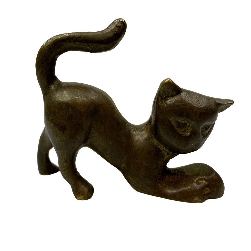 Vintage Solid Bronze Brass Cat Figurine Stretching Pose Sculpture Statue Feline
